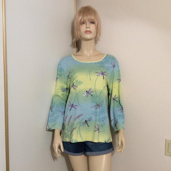 NWOT Dragonfly print 100% cotton top long sleeves pastels sequins Women Size XL - Picture 2 of 7